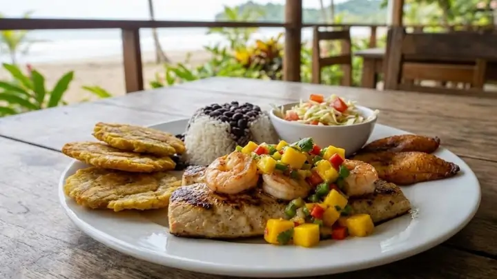 Casado costarricense de pescado a la parrilla y camarones con patacones